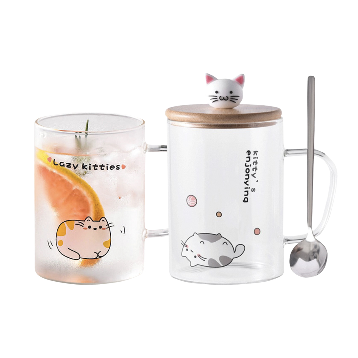 Adorable Kitten Glass Mug with Spoon & Lid